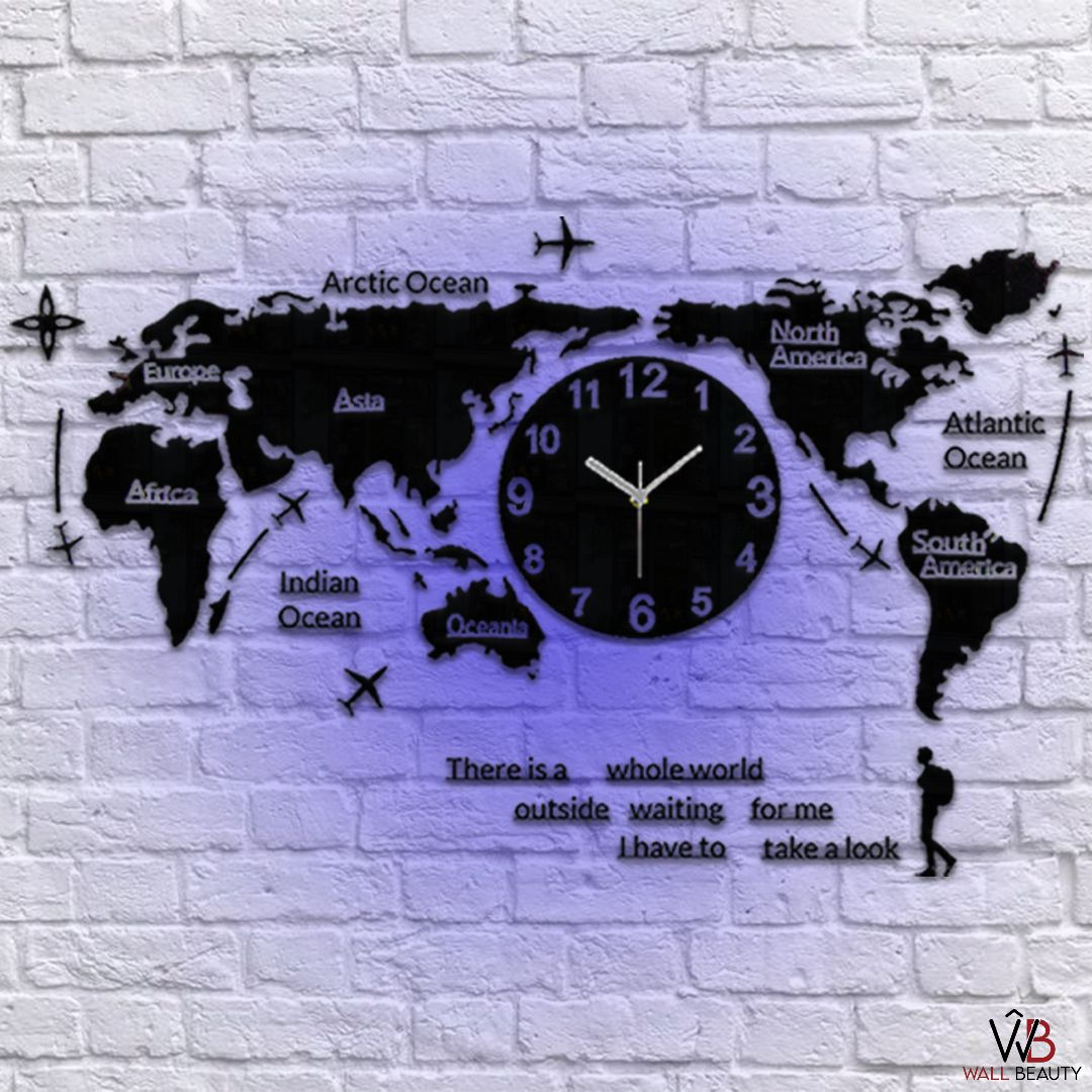 WORLD MAP ACRYLIC WALL CLOCK WITH NEON LIGHT